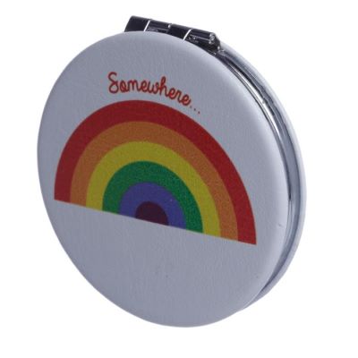 This colorful leatherette compact mirror is perfect for any stylish handbag. It contains two mirrors, one with magnified magnification, so you can easily check how fabulous you look on the go. With its rainbow design, this versatile accessory adds a fun and vibrant touch to your daily routine.     H: 6cm x W: 6cmx D:1cm  Metal and Glass