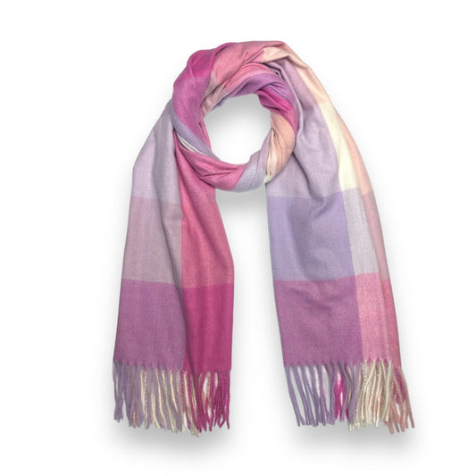  This elegant Wool-mix Check Scarf in Pink Tones features a luxuriously soft wool blend construction, perfect for keeping you warm and cozy. With classic check patterning and tassels to complete the look, this timeless piece will keep you stylish all season long.     20% Wool, 80% Viscose  L: 180cm x W: 65cm