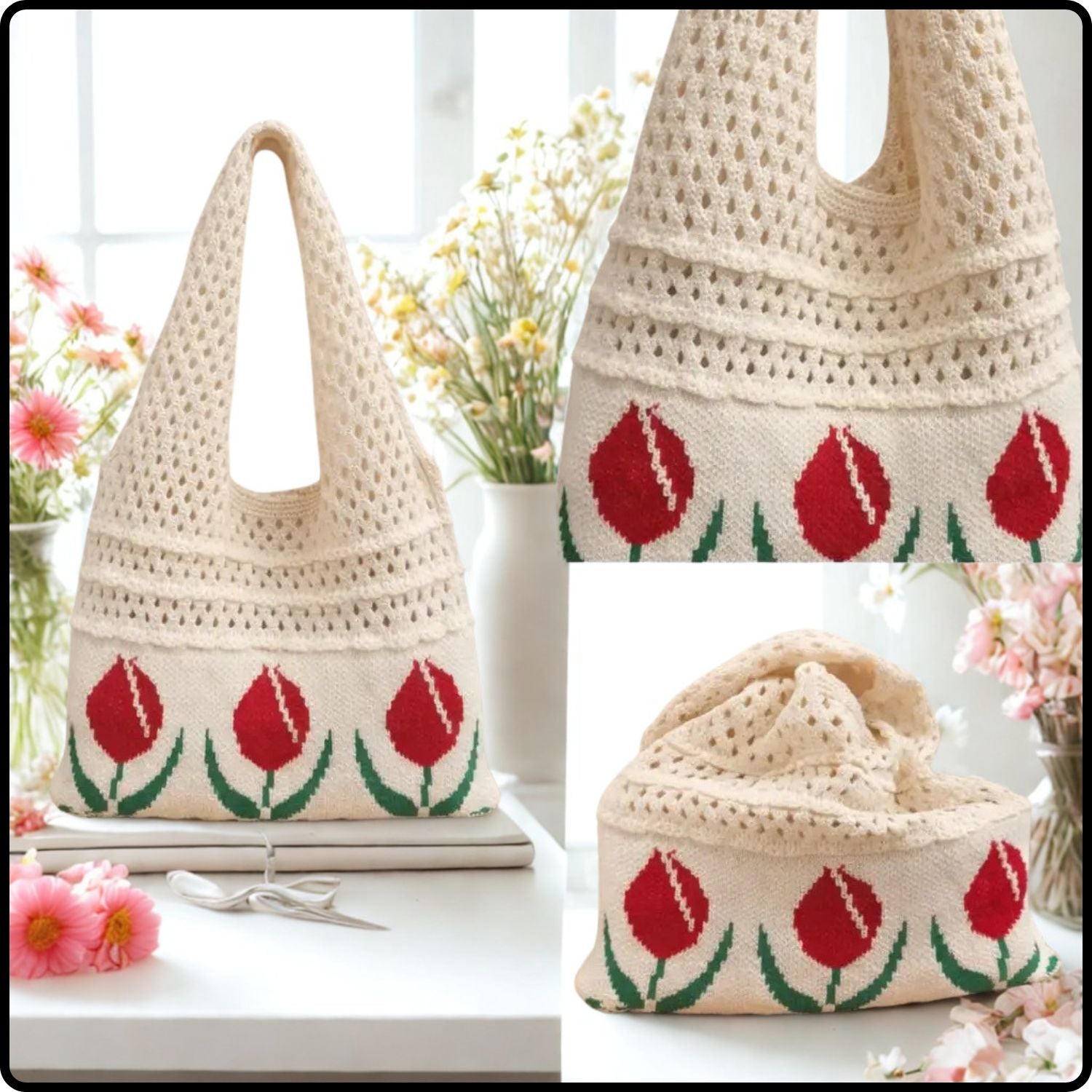 Crochet Bag-Retro Petal-Cream and Green-PLG