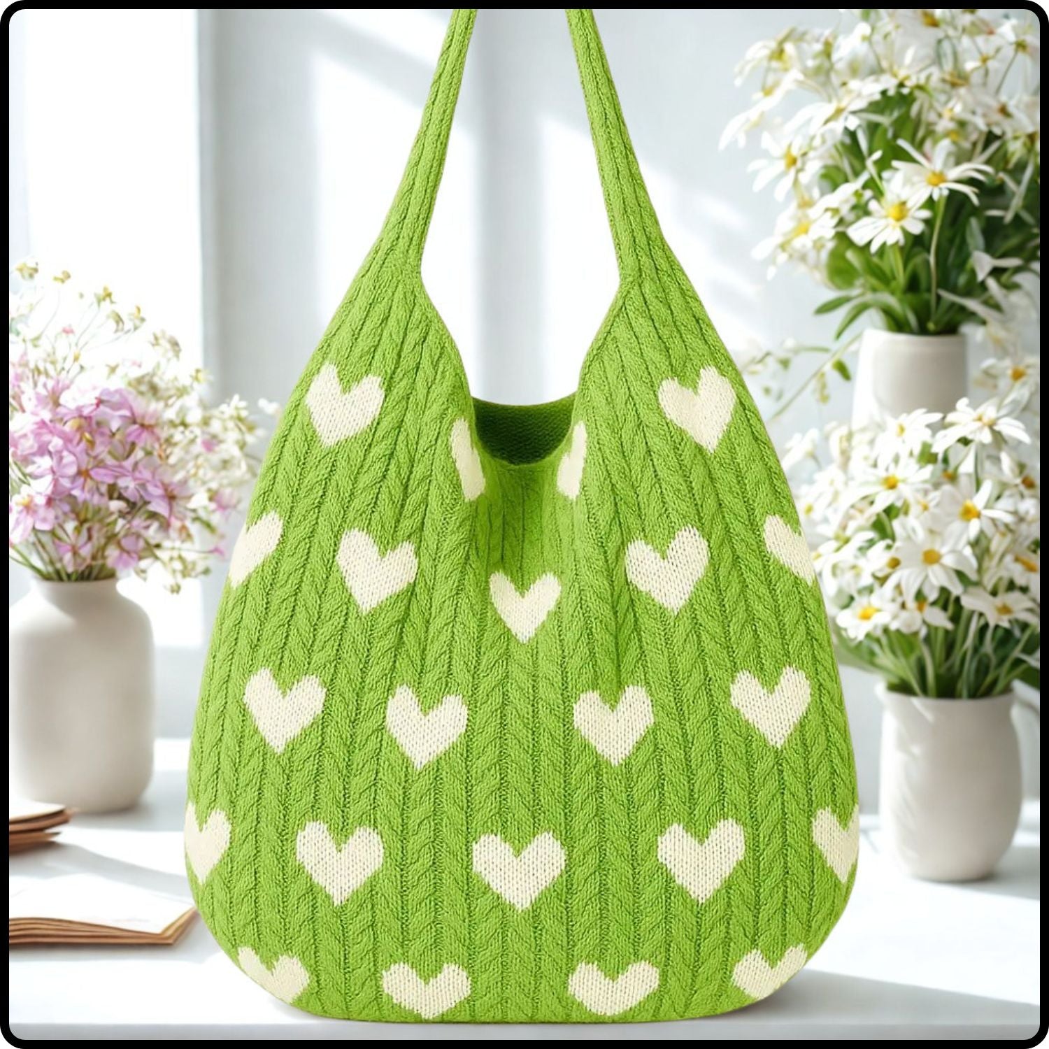 Crochet Bag-Retro Petal-Cream and Green-PLG