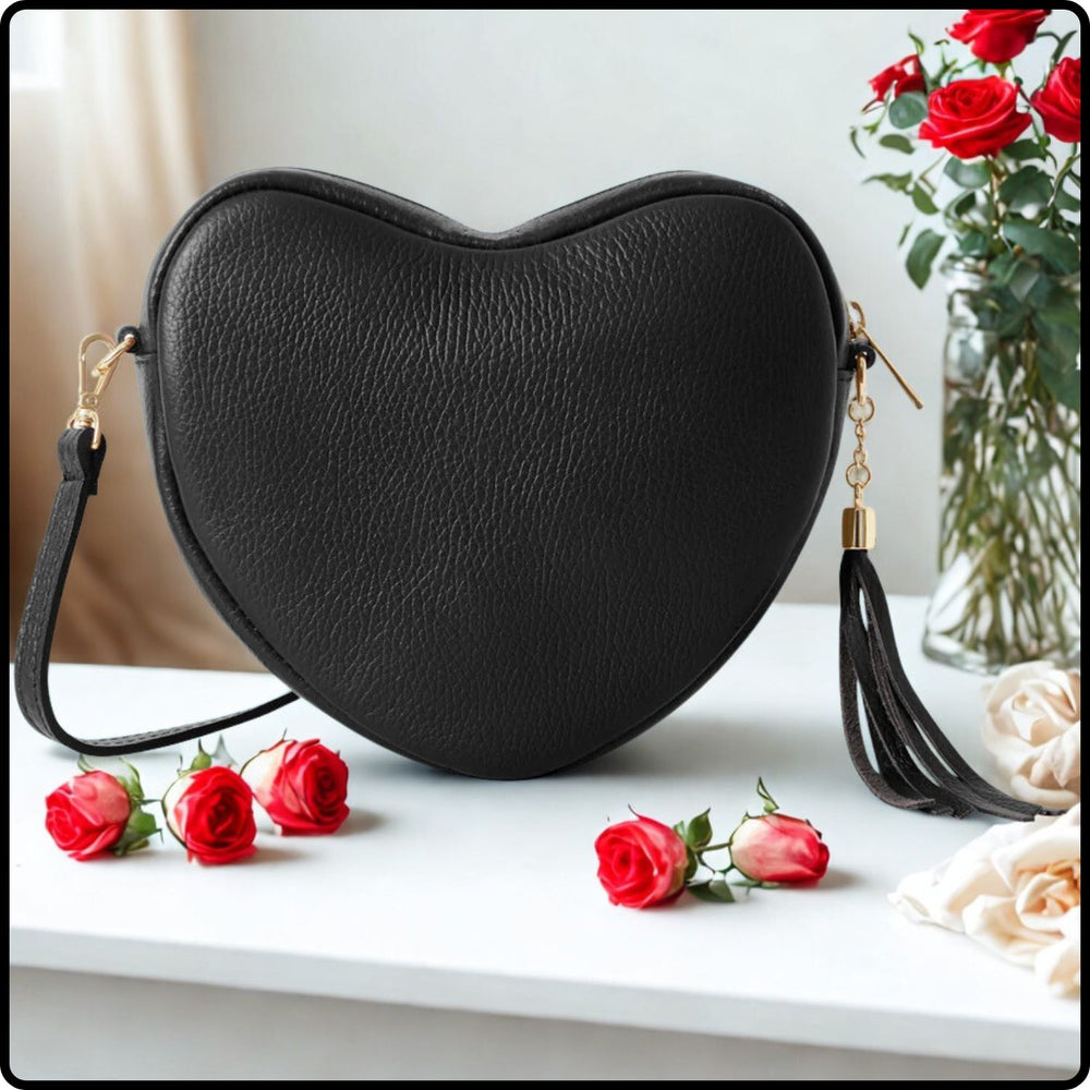 Italian Leather Heart-Shaped Shoulder Bag-PS637-BLACK