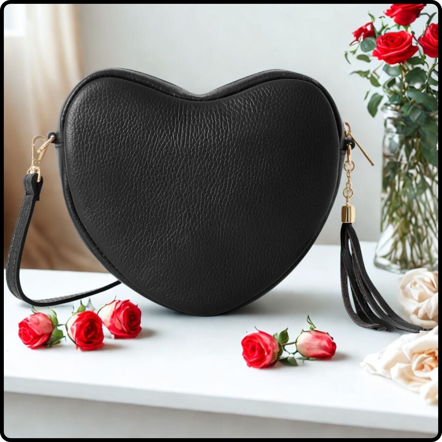Italian Leather Heart-Shaped Shoulder Bag-PS637-BLACK