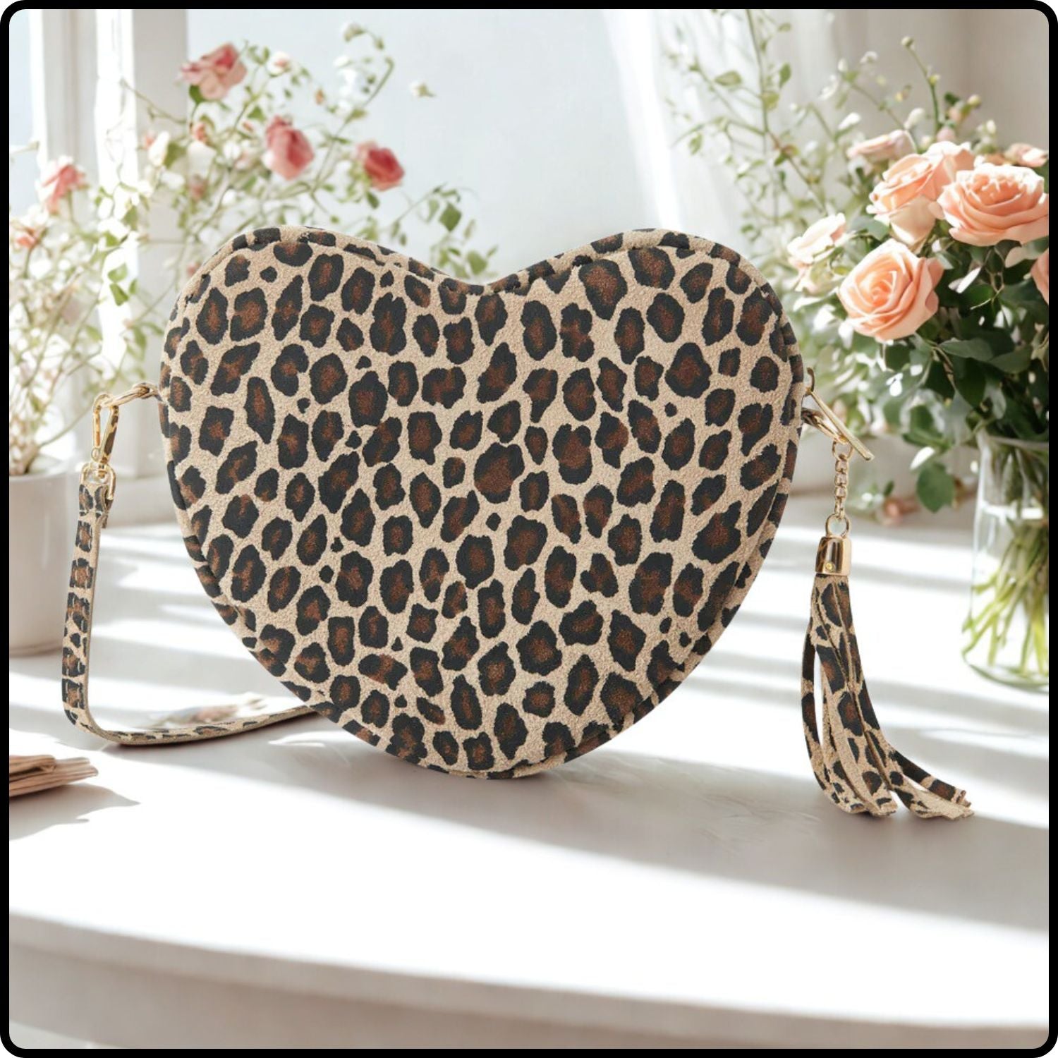 Italian Leather Heart-Shaped Shoulder Bag-PS637-MATT LIGHT TAUPE LEOPARD