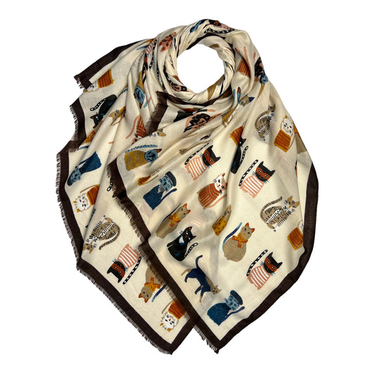 This Cat Costumes Print Scarf is the perfect way to add an element of fun and whimsy to any look. Crafted with a cotton blend, fringed at each end, and featuring an adorable print of cats wearing costumes, this scarf will make a great statement piece.  L: 180cm x W: 90cm  60% Cotton and 40% Recycled Viscose 