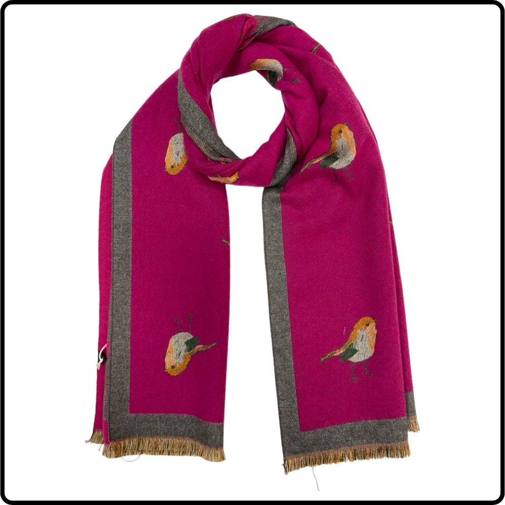 Robin embroidered print on reversible cashmere blend scarf in  Hot Pink-SCRCBH