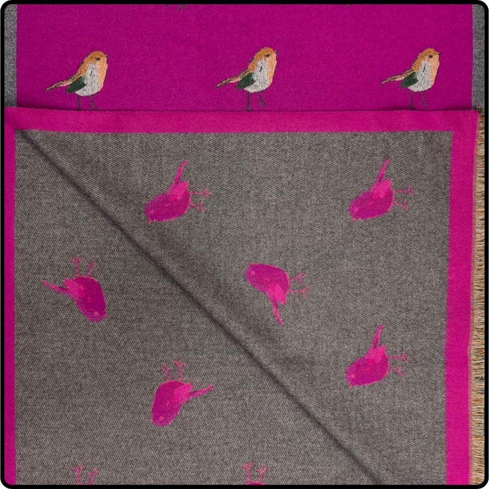 Robin embroidered print on reversible cashmere blend scarf in  Hot Pink-SCRCBH