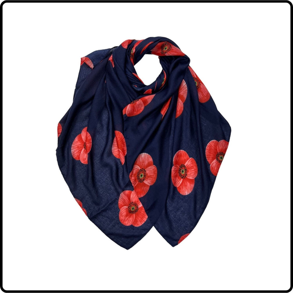 Poppy Flower Print on Cotton Mix Scarf in Navy - SPCN