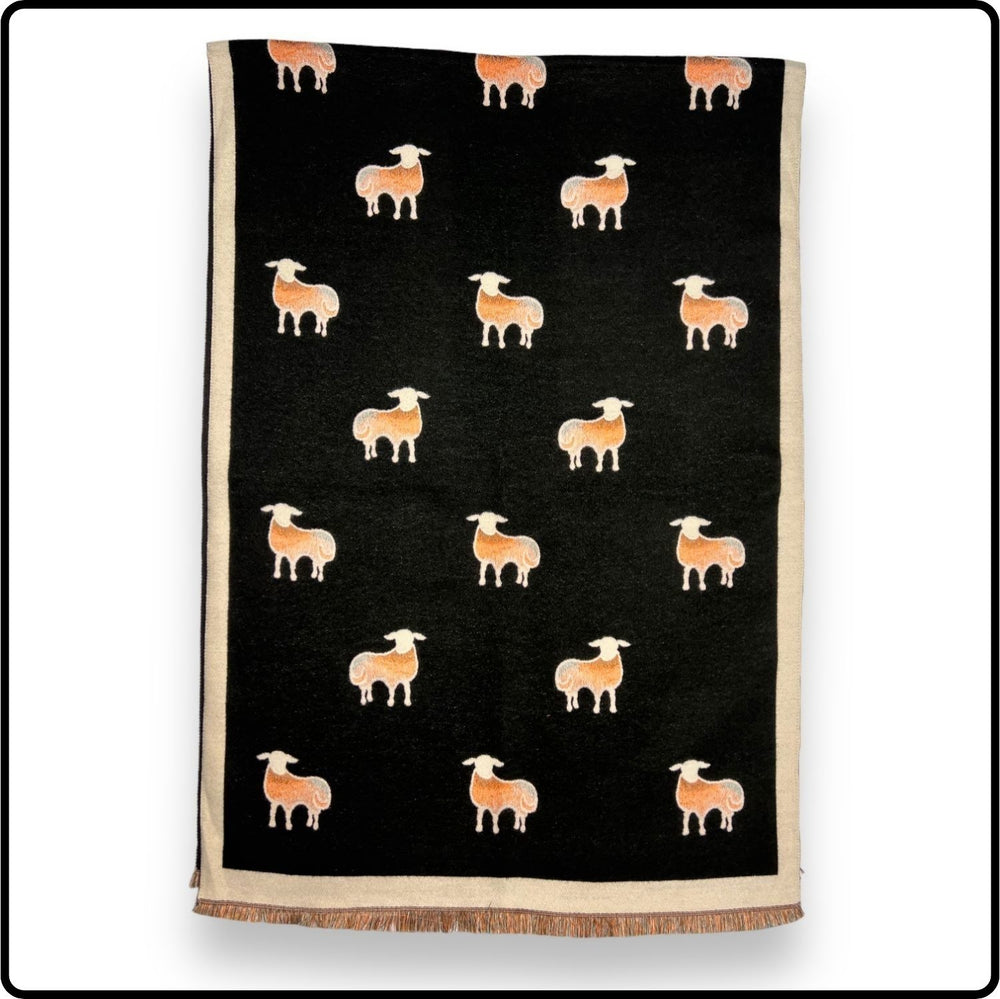 Sheep Print on Cashmere Blend Scarf with Fringes in Black-SPCB