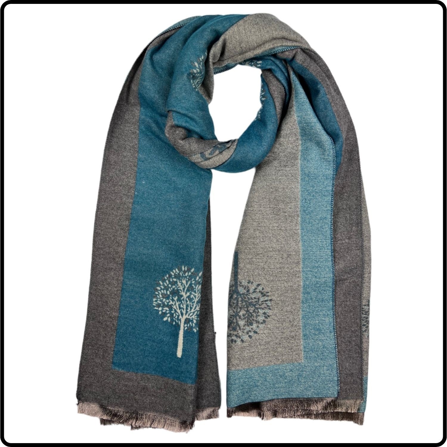 Tree of life print scarf on cashmere mix with tassels in teal-SCTLT