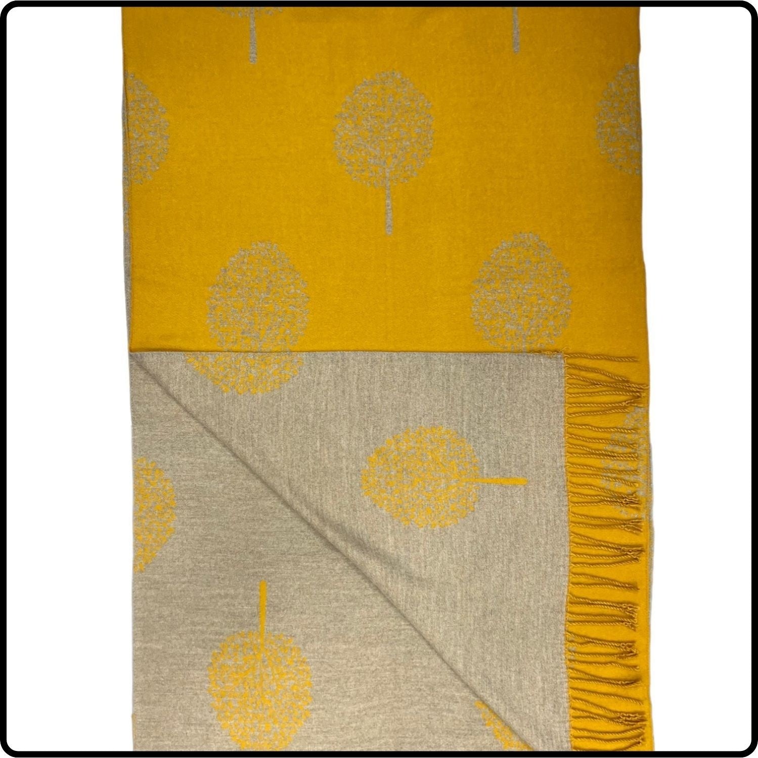 Tree of life print scarf on cashmere mix with tassels in Mustard-SCTLM