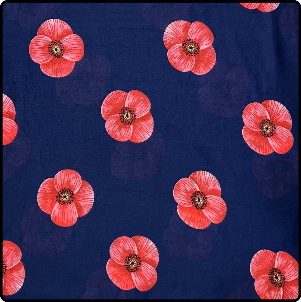 Poppy Flower Print on Cotton Mix Scarf in Navy - SPCN