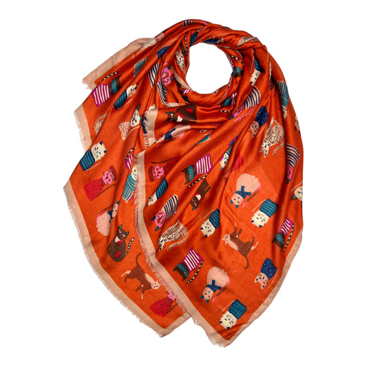 This Cat Costumes Print Scarf is the perfect way to add an element of fun and whimsy to any look. Crafted with a cotton blend, fringed at each end, and featuring an adorable print of cats wearing costumes, this scarf will make a great statement piece.
