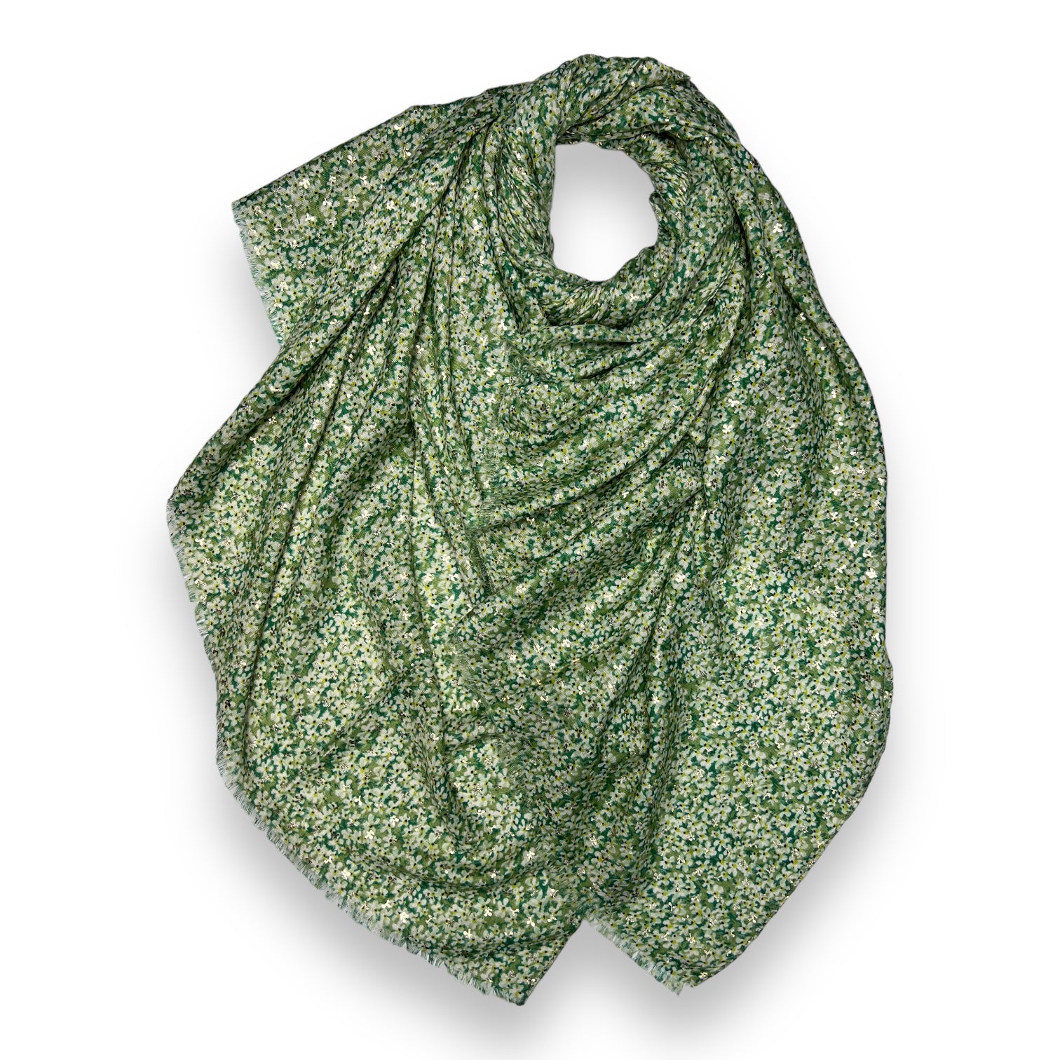 This green Lobelia print scarf is perfect for adding a pretty touch to any outfit.