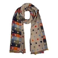 Wrap yourself in the luxury of this reversible  scarf. Its wool blend offers a cosy warmth in the chill of winter, while the multi-coloured dots ensure it stands out in any wardrobe.     180 cm by 65cm   20%Wool and 80% Acrylic