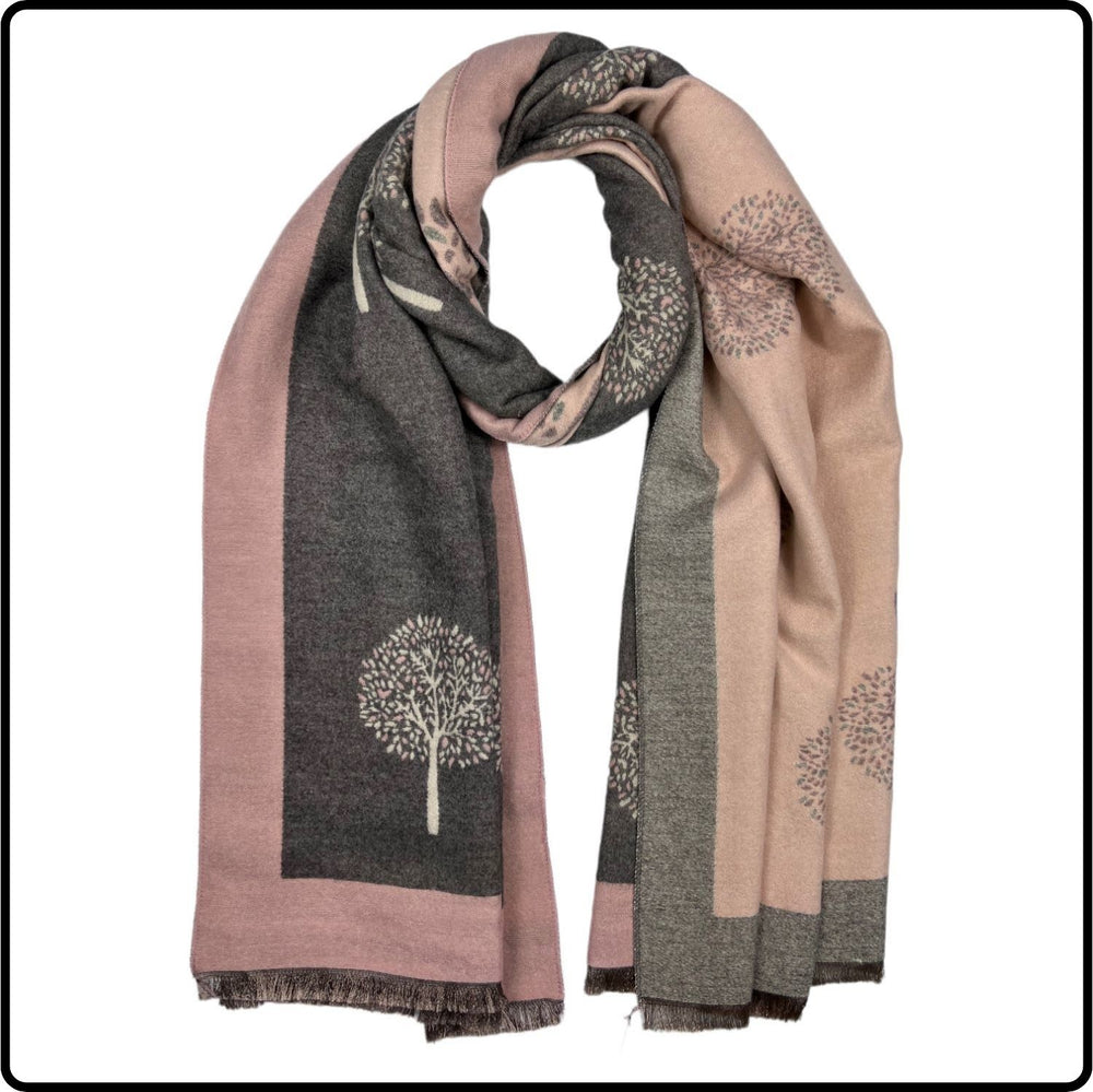 Tree of life print scarf on cashmere mix with tassels in Pink Charcoal-SCTLPC