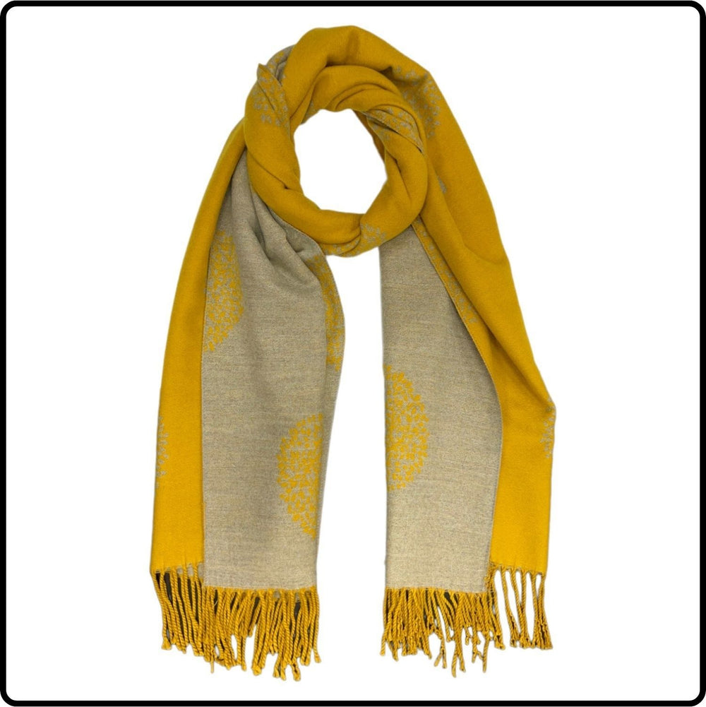 Tree of life print scarf on cashmere mix with tassels in Mustard-SCTLM