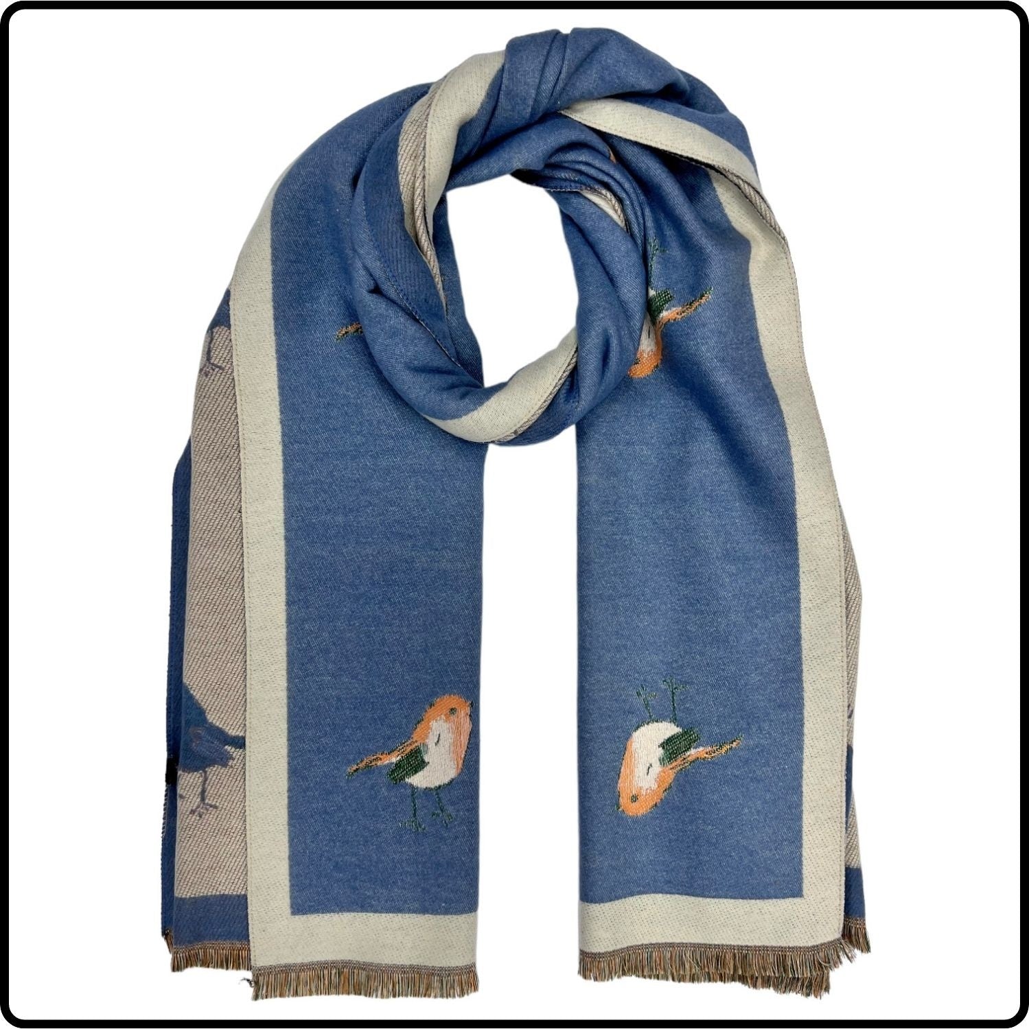 Robin embroidered print on reversible cashmere blend scarf in  Denim Blue-SCRCBD