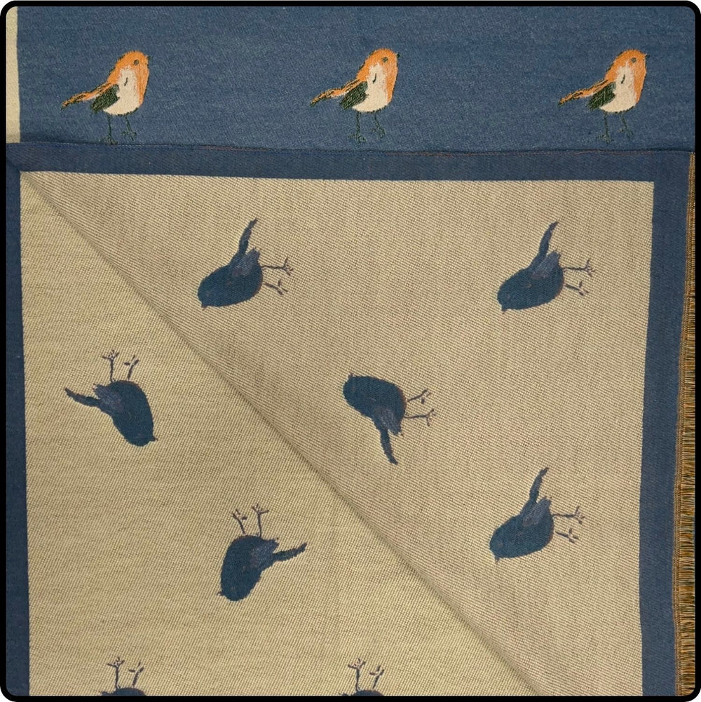 Robin embroidered print on reversible cashmere blend scarf in  Denim Blue-SCRCBD