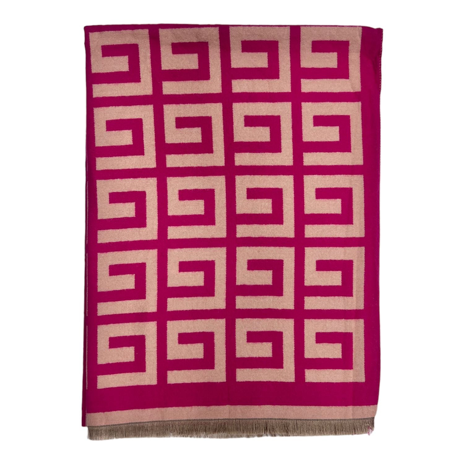 Enjoy the warmth and comfort of cashmere and cotton with this luxuriously soft Big Maze Print Scarf. Available in fuchsia, this elegant, eye-catching scarf features a bold maze print that stands out from the crowd. Perfect for both formal and casual looks.     20% Cashmere, 80% Cotton,  L: 180cm x W: 65cm 