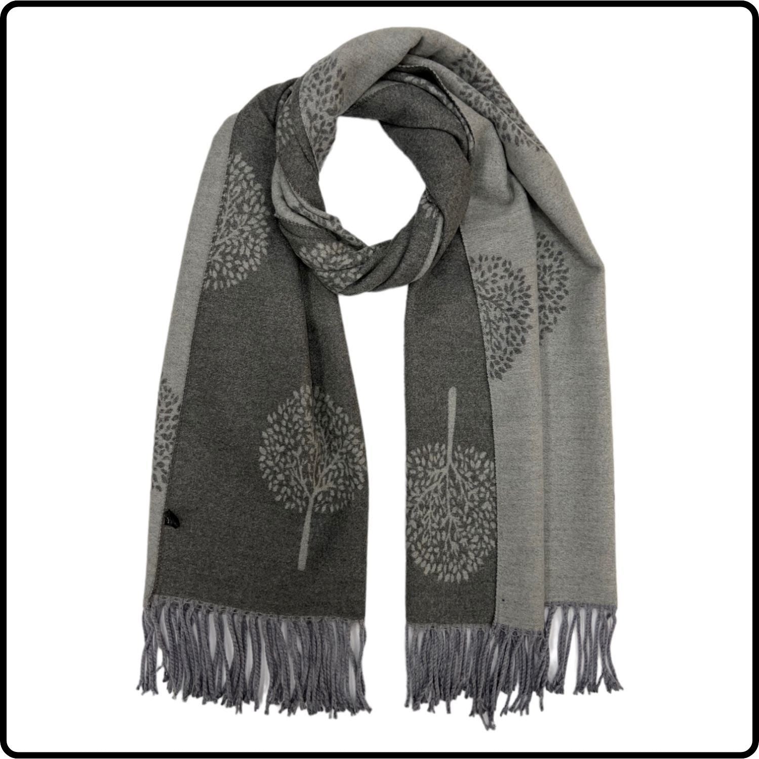 Tree of life print scarf on cashmere mix with tassels in Charcoal-SCTLC