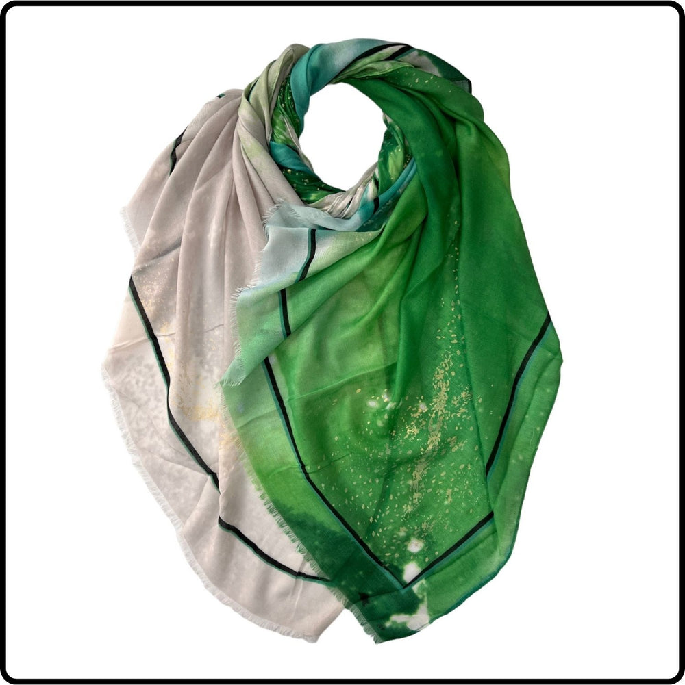 Ocean wave printed scarf with golden and silver patches in green-SOWG