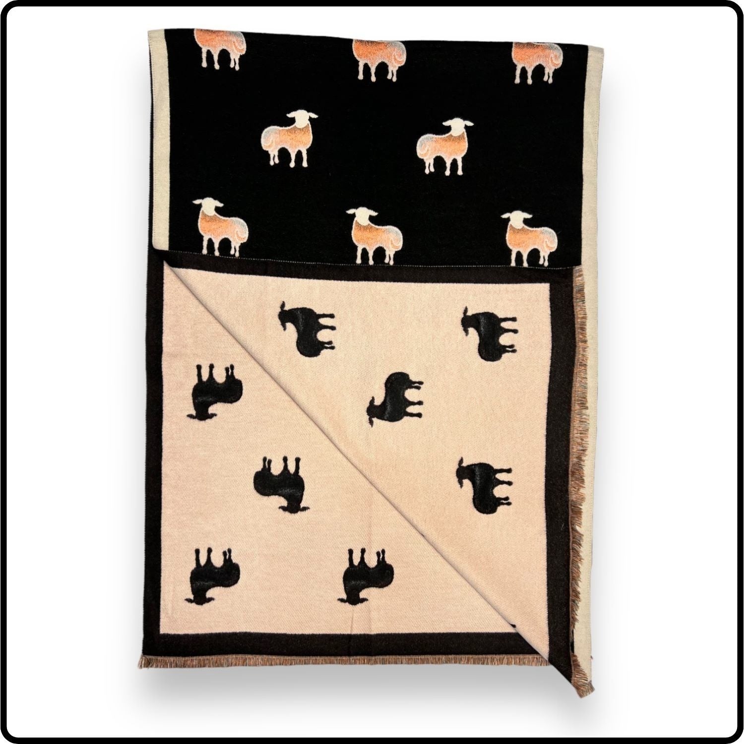 Sheep Print on Cashmere Blend Scarf with Fringes in Black-SPCB