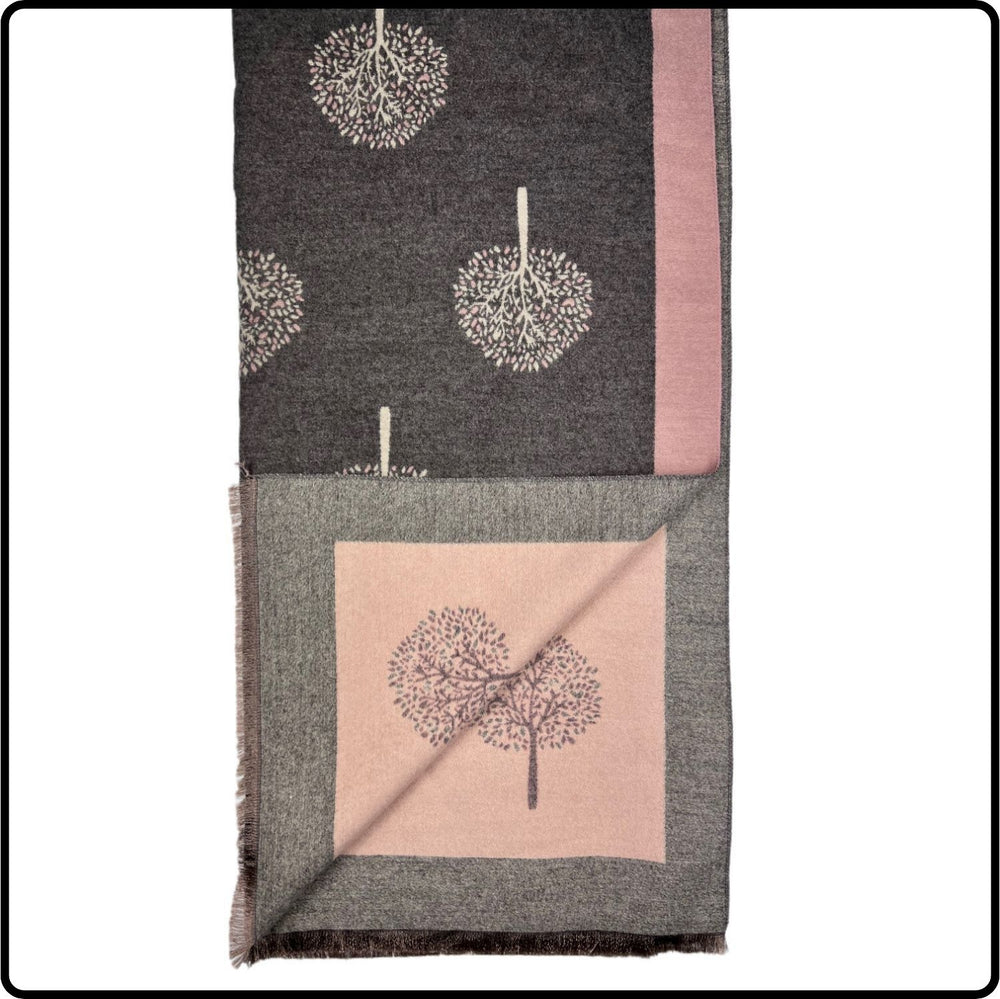 Tree of life print scarf on cashmere mix with tassels in Pink Charcoal-SCTLPC