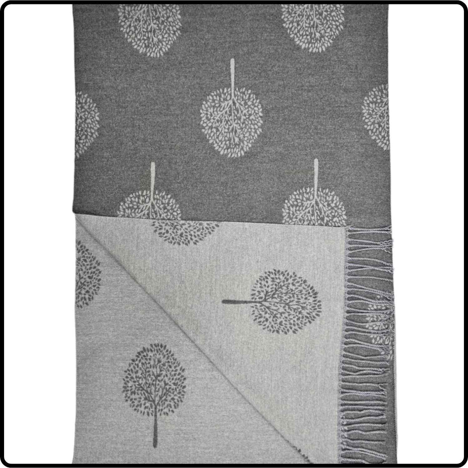 Tree of life print scarf on cashmere mix with tassels in Charcoal-SCTLC