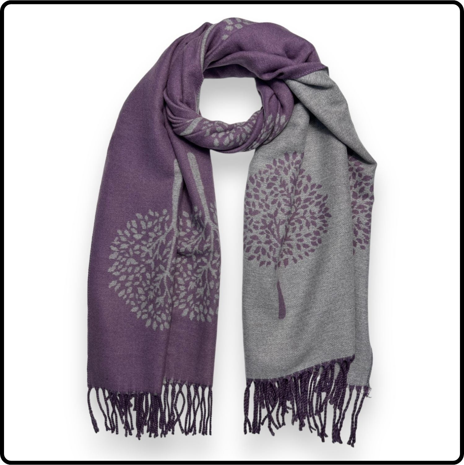 Tree of life print scarf on cashmere mix with tassels in Purple-SCTLP