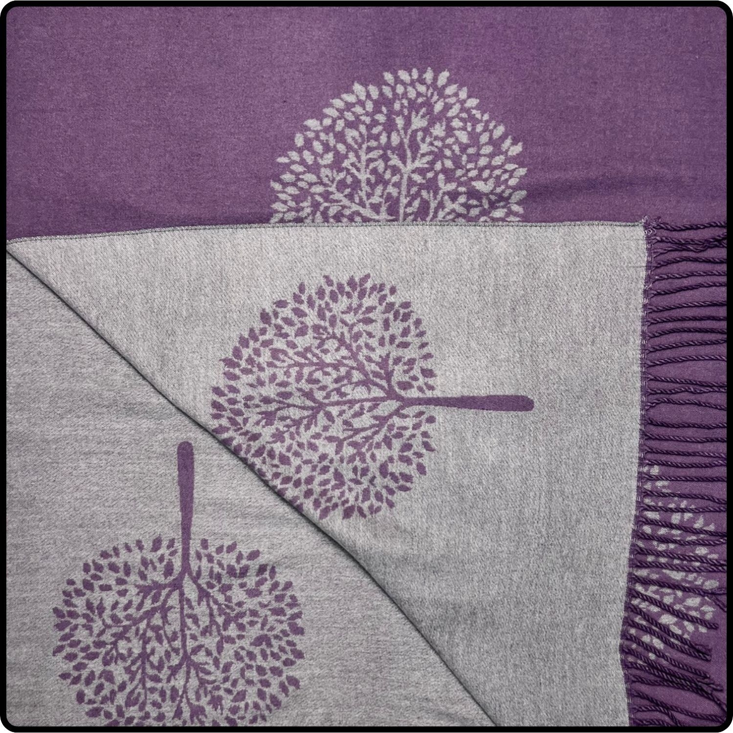 Tree of life print scarf on cashmere mix with tassels in Purple-SCTLP