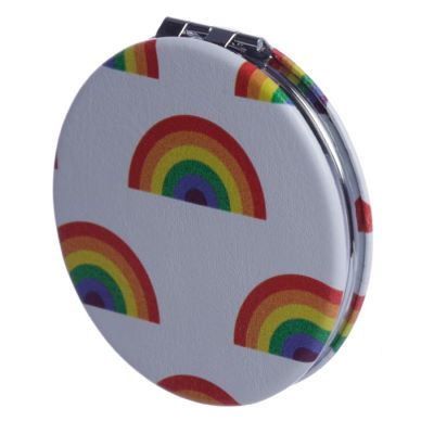 This colorful leatherette compact mirror is perfect for any stylish handbag. It contains two mirrors, one with magnified magnification, so you can easily check how fabulous you look on the go. With its rainbow pattern, this versatile accessory adds a fun and vibrant touch to your daily routine.     H: 6cm x W: 6cmx D:1cm  Metal and Glass