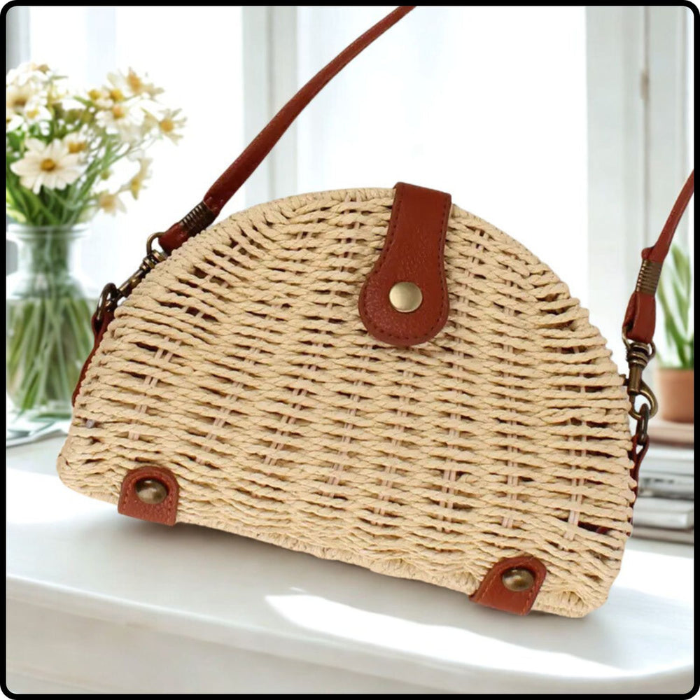 Half Moon Paper Straw Shoulder Bag-SHR-Beige