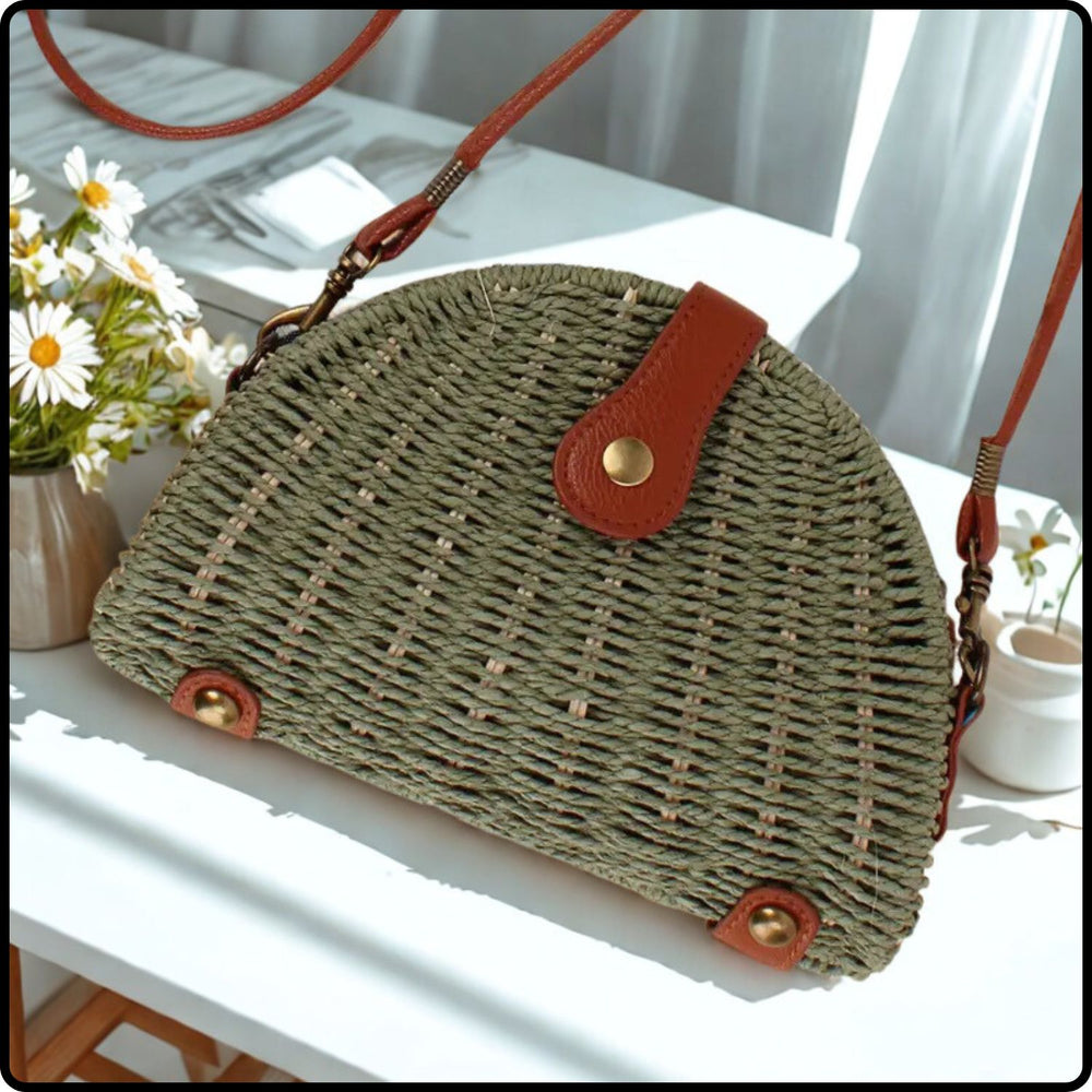 Half Moon Paper Straw Shoulder Bag-SHR-Green