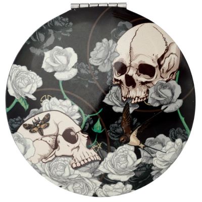 This stylish, gothic compact mirror is a must have accessory. Featuring two mirrors, one of which is a magnifier and adorned with skulls and roses, this compact is sure to turn heads...  H: 6.5cm x W: 6.5cmx D:1cm  Metal and Glass