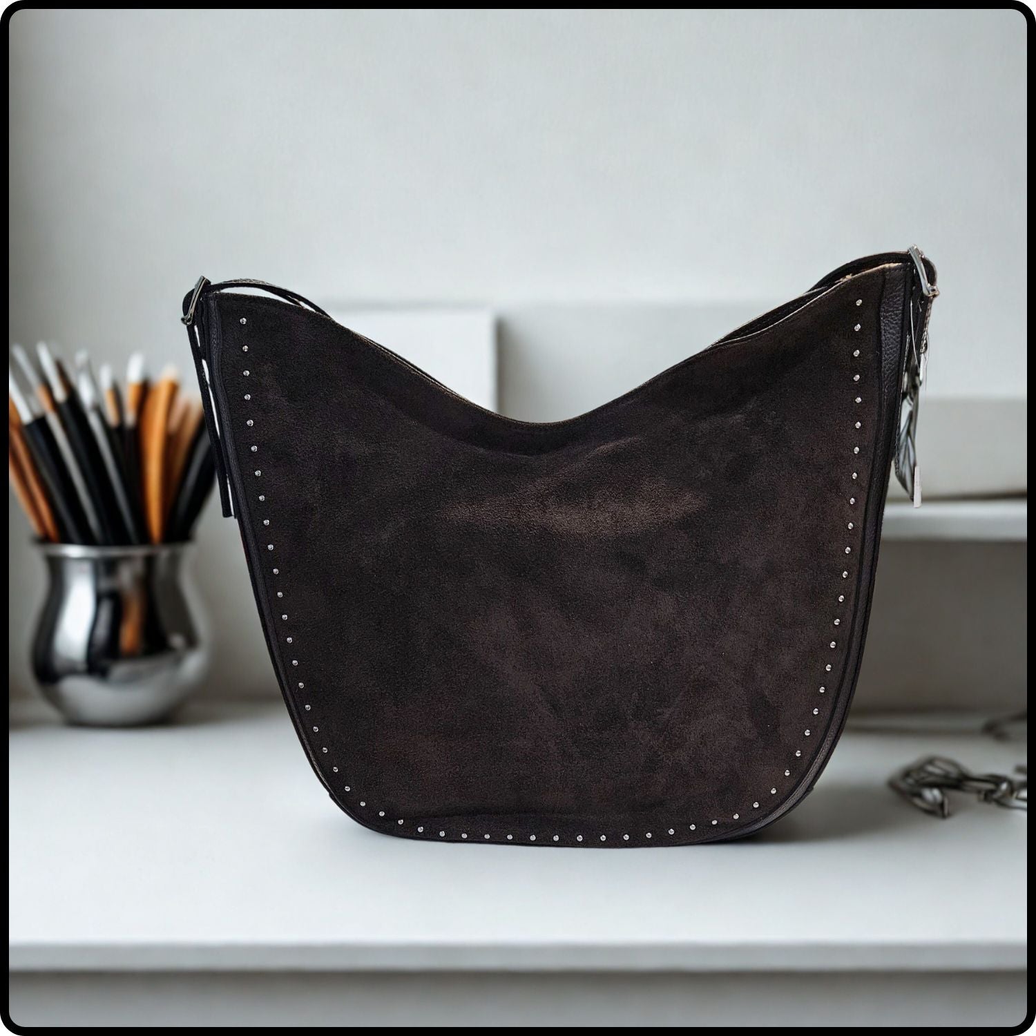 Rounded Suede and Leather Shoulder Bag with Double Buckle and Stud Detail-SL03-CHOC