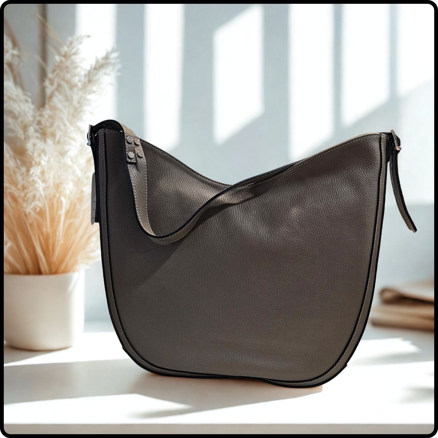 Rounded Suede and Leather Shoulder Bag with Double Buckle and Stud Detail-SL03-TAUPE