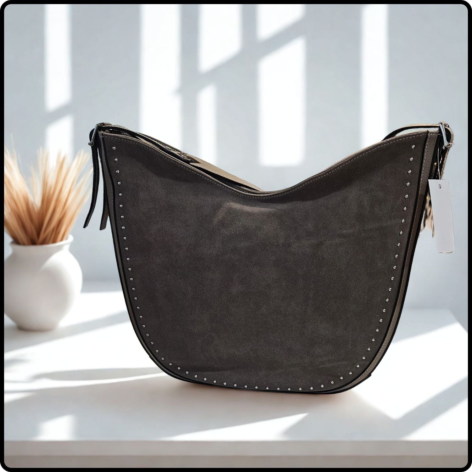 Rounded Suede and Leather Shoulder Bag with Double Buckle and Stud Detail-SL03-TAUPE