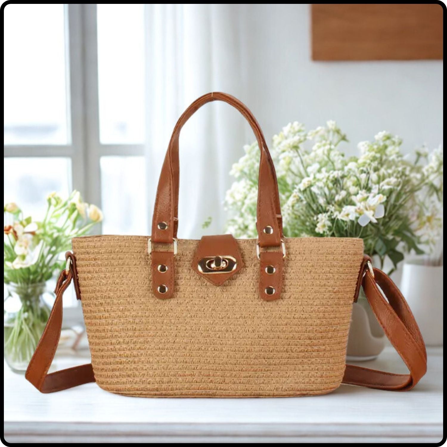 Straw Two Tone Shoulder Bag-SMT-Taupe