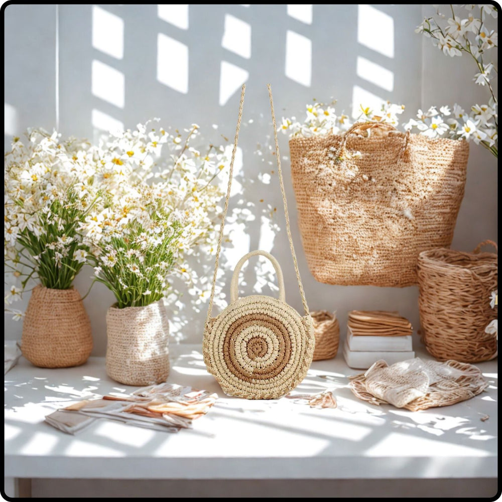Round Paper Straw Shoulder Bag-SRR-Beige