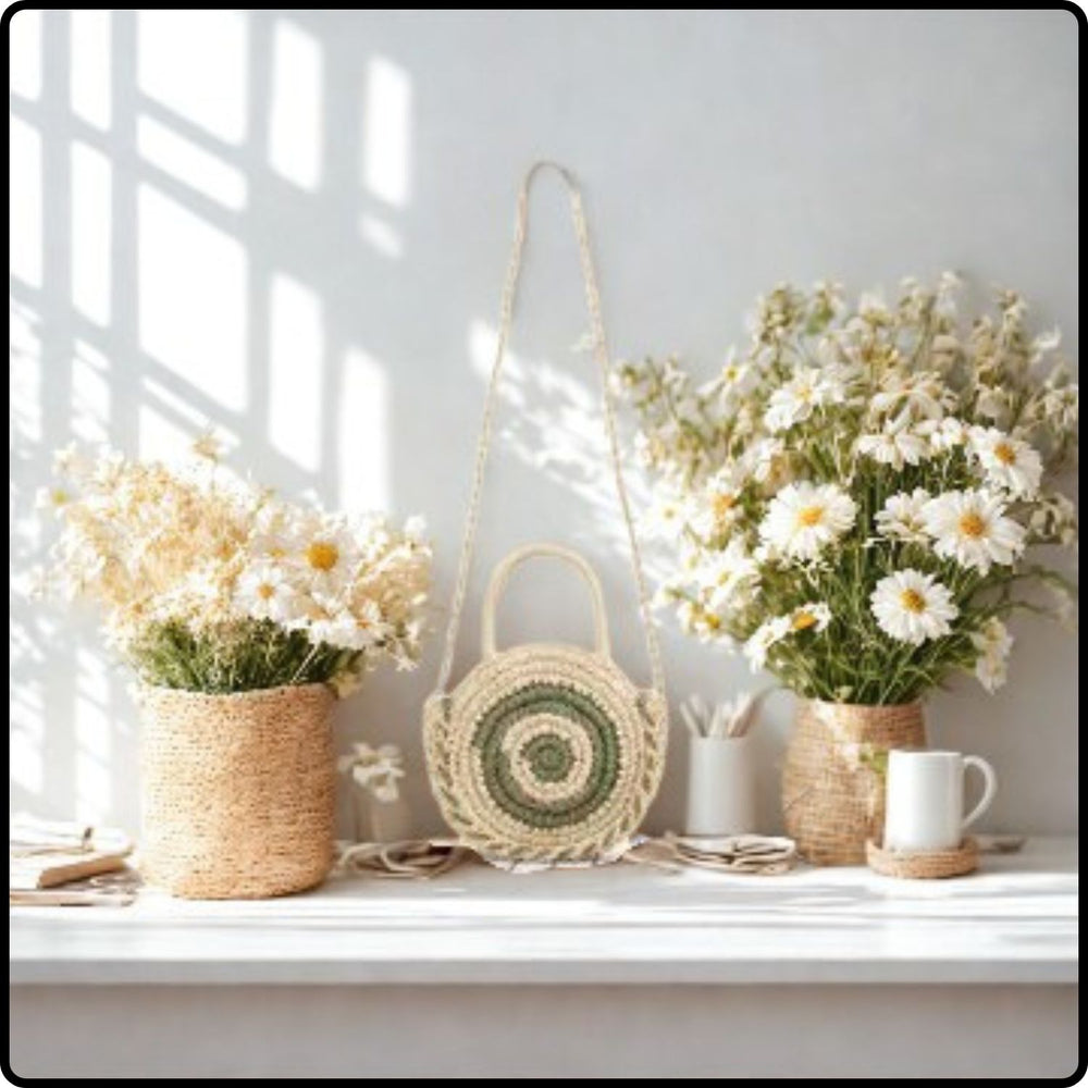 Round Paper Straw Shoulder Bag-SRR-Green