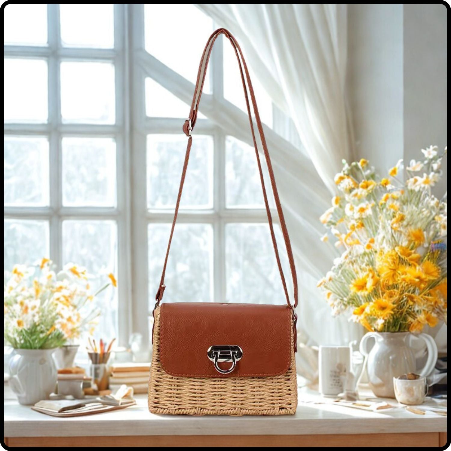 Straw Shoulder Bag-STR-Taupe