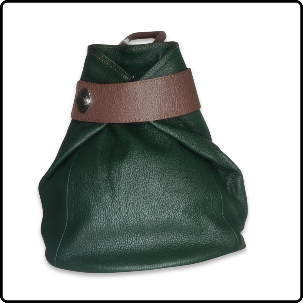 Large Pebbled Leather Lock Closure Backpack - VPR248-GREEN/TAN