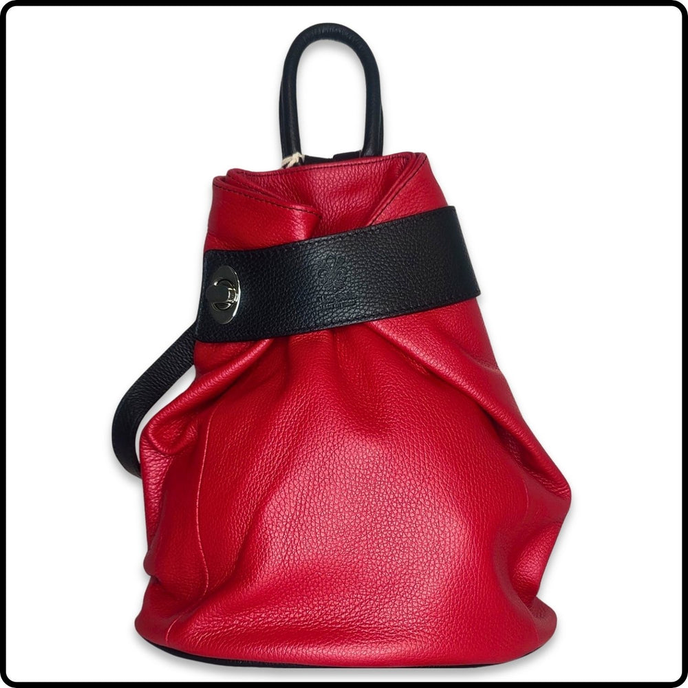 Large Pebbled Leather Lock Closure Backpack - VPR248-RED/BLACK