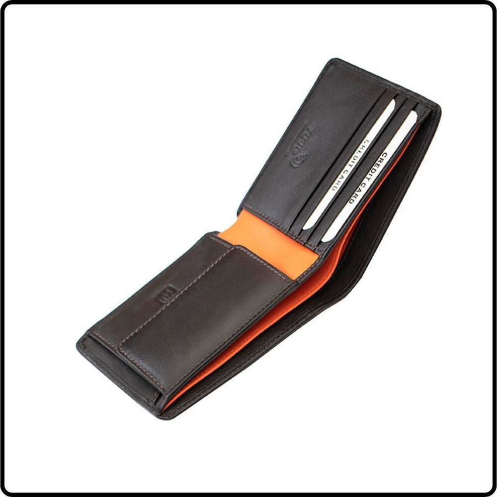 Elite RFID Leather Bifold Wallet and Card Holder-7101-Brown/Orange