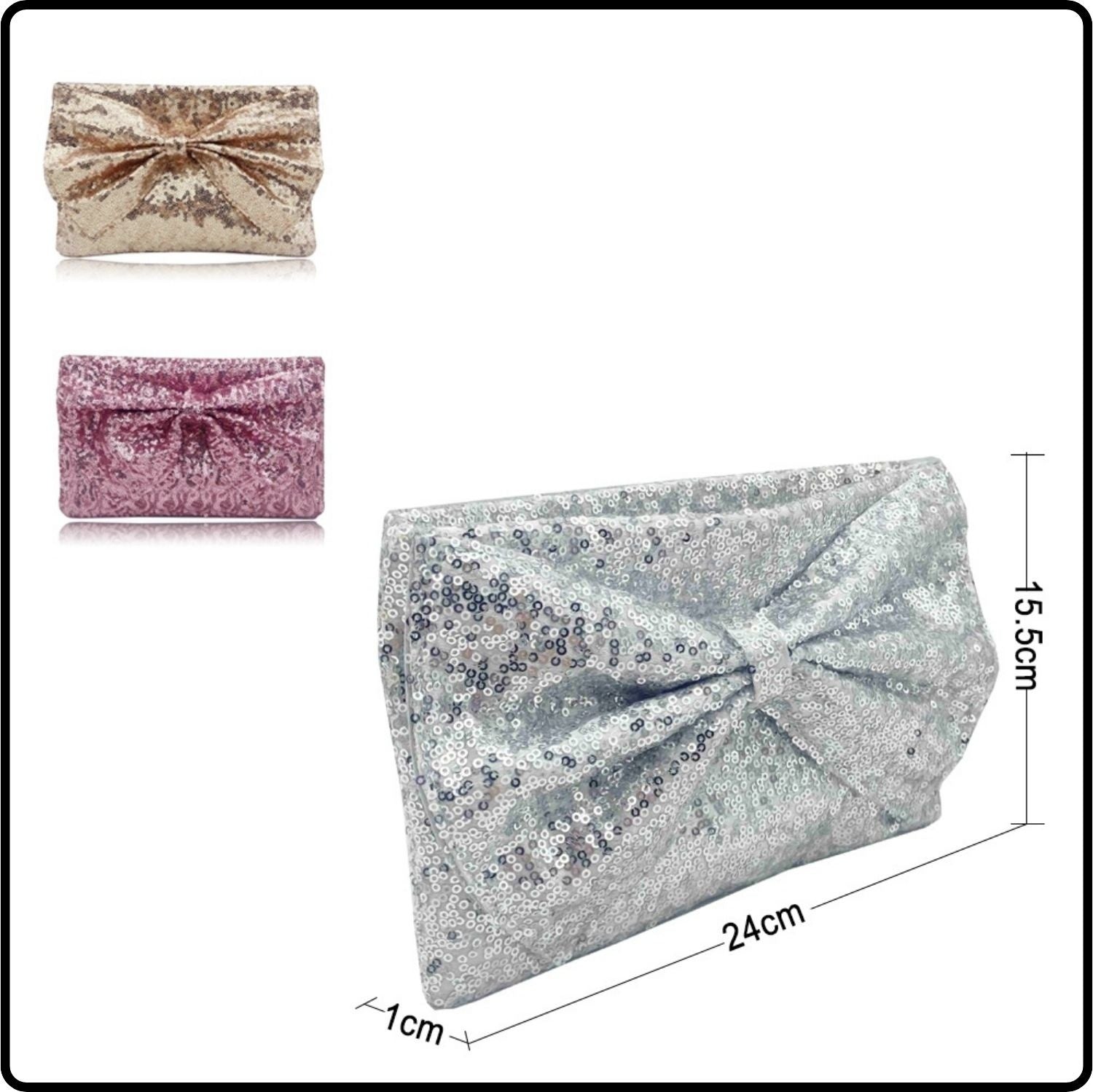 Ginny Large Bow Glitter Clutch Bag/Silver-Ginny-Silver