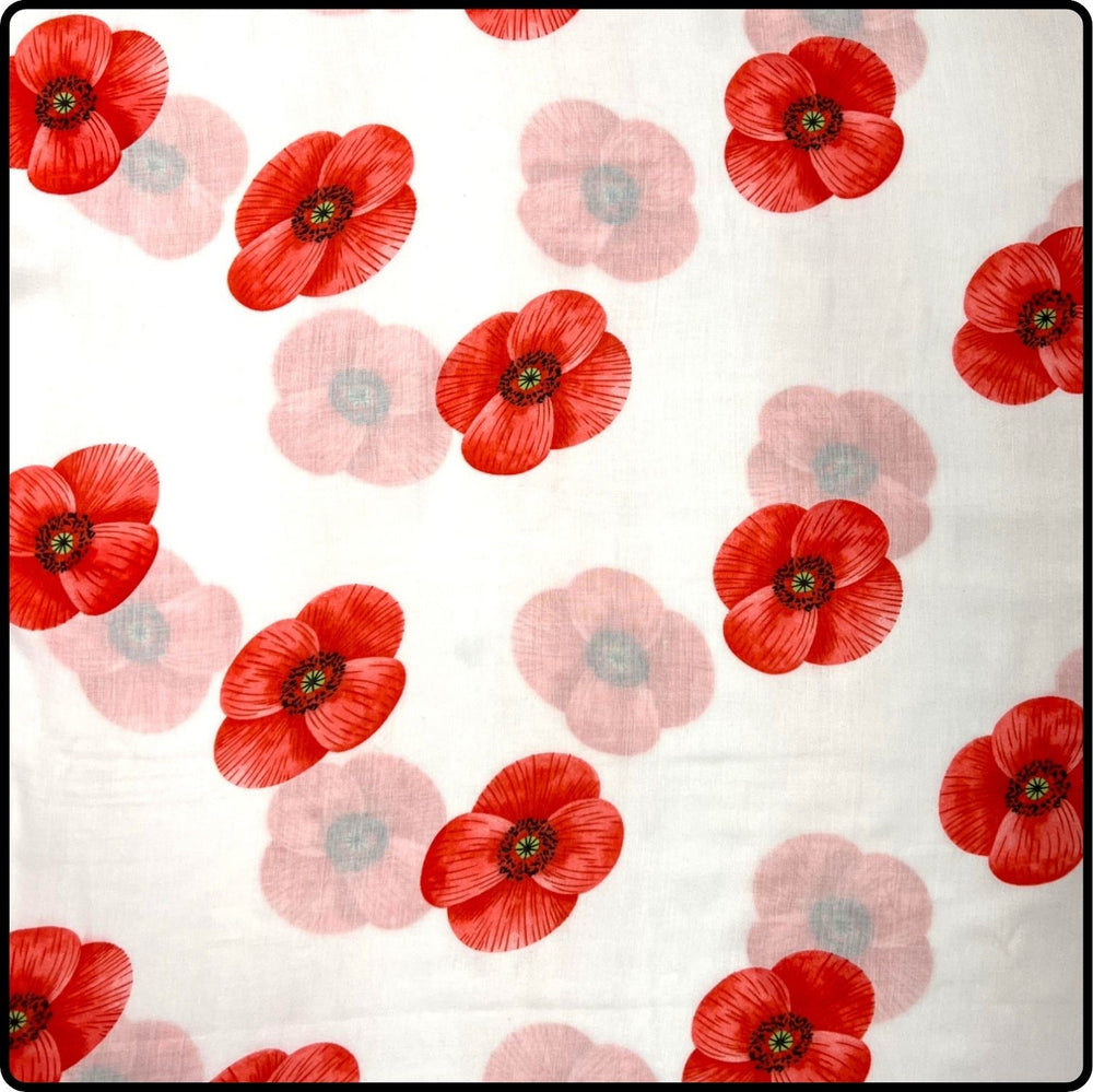 Poppy Flower Print on Cotton Mix Scarf in White - SPCW