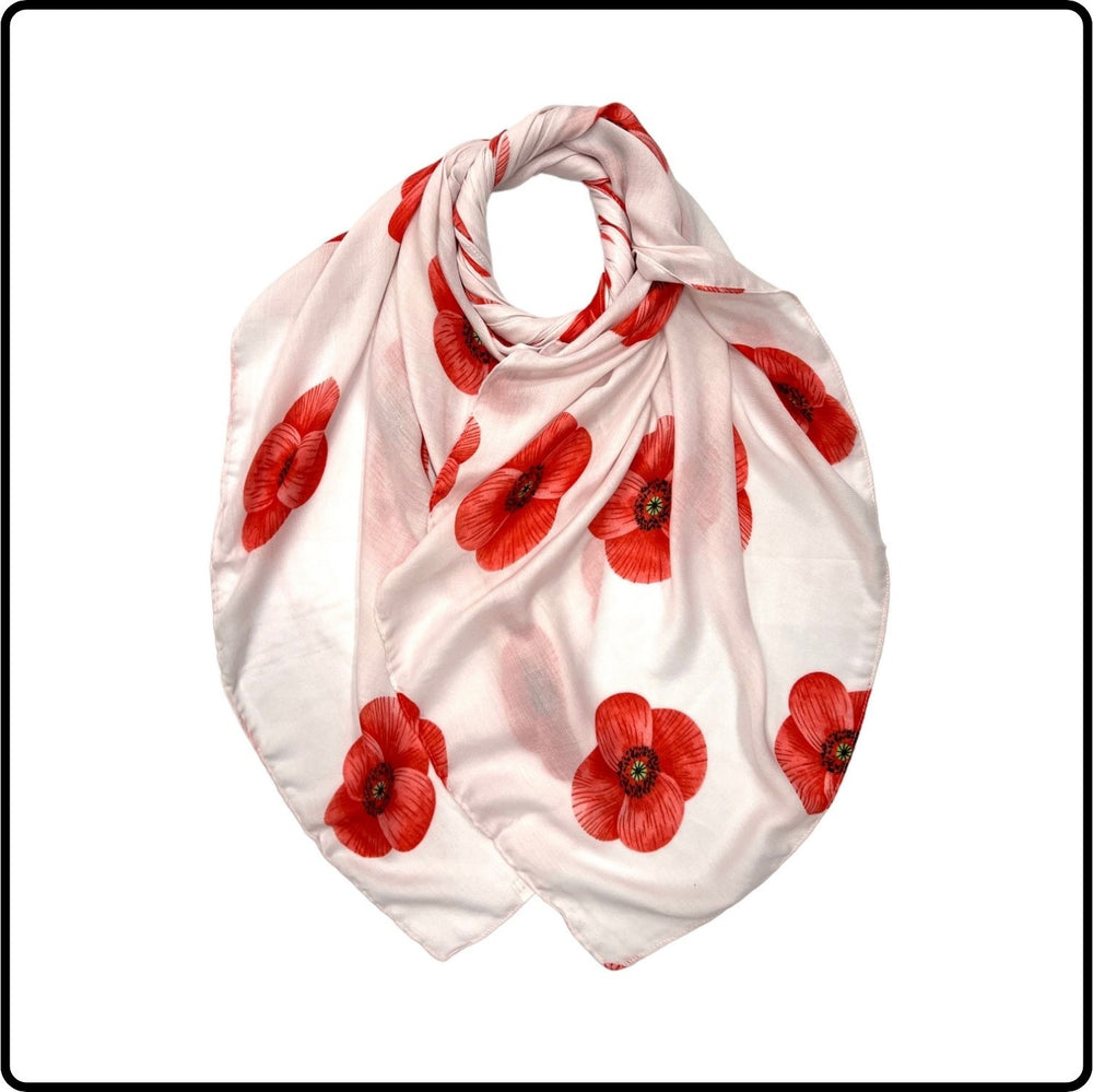 Poppy Flower Print on Cotton Mix Scarf in White - SPCW