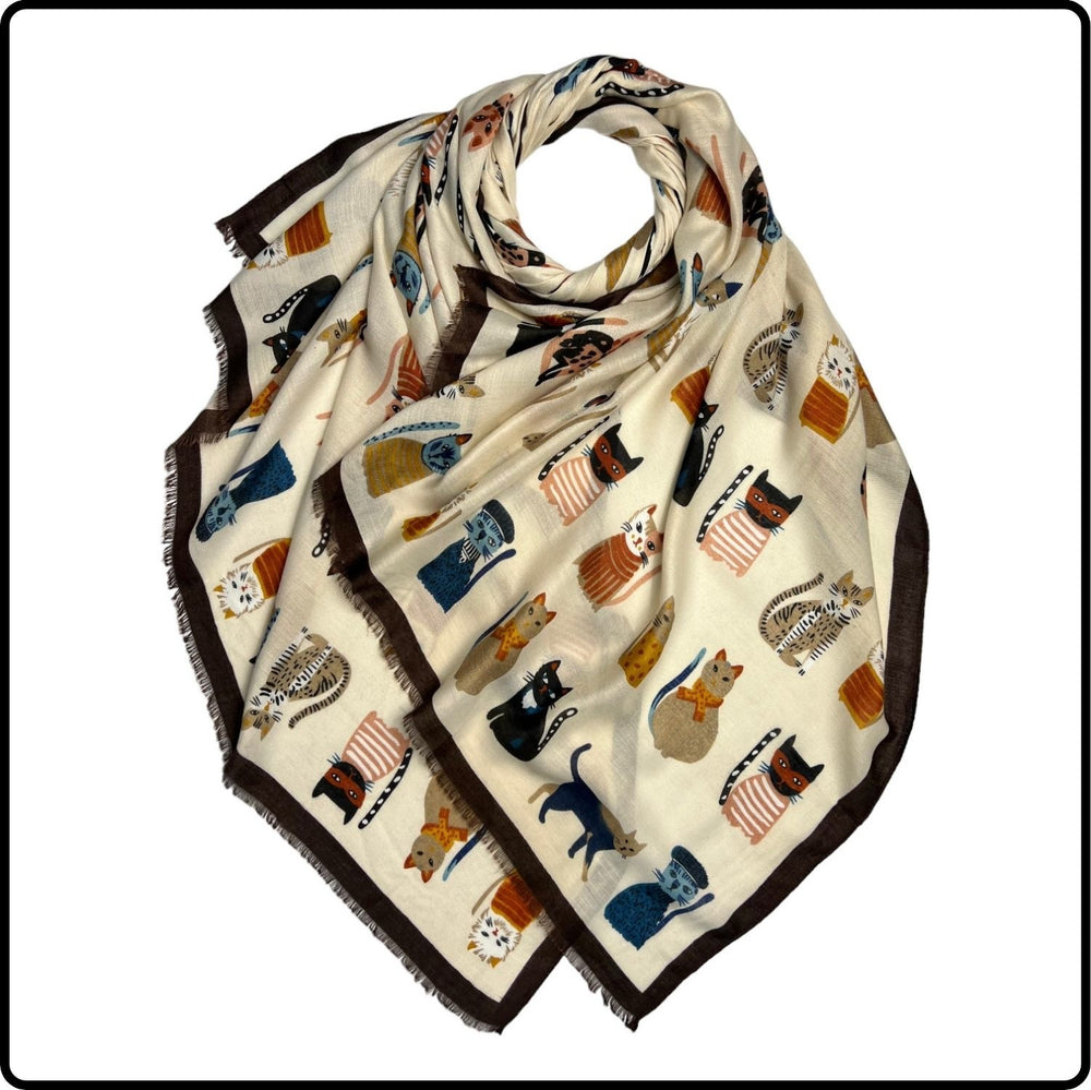 Cat with Costumes Print Scarf in Cream - SCPC