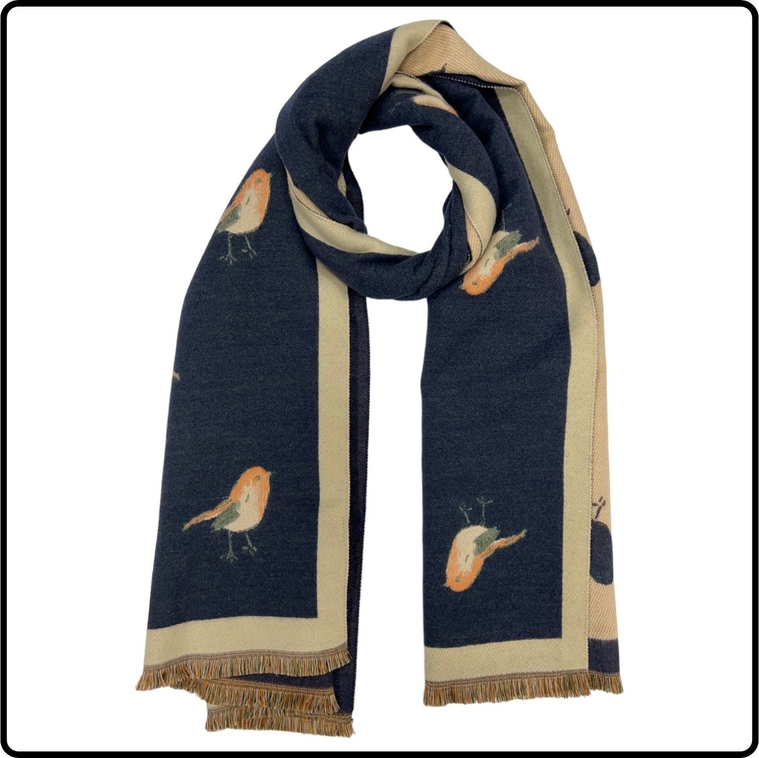 Robin embroidered print on reversible cashmere blend scarf in Navy -SCRCN