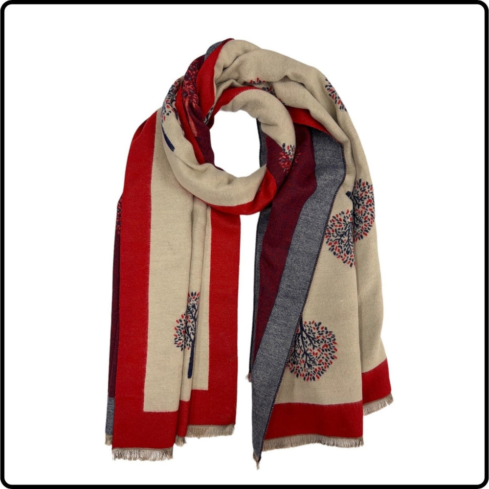 Tree of life two tone print scarf on cashmere mix with tassels in Burgundy/Cream-SCTBC